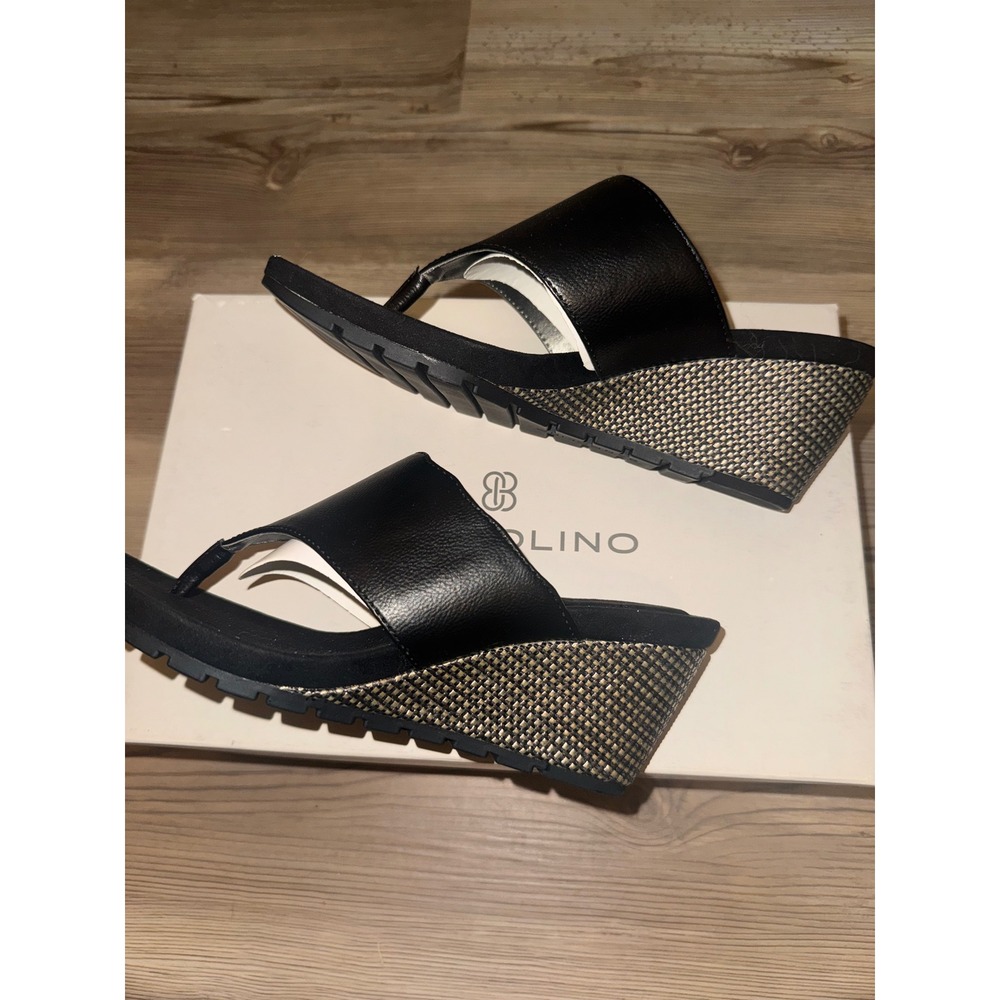 Bandolino B-Flexible Black Wedge Sandals Metallic Woven Heel Thong Slides 7